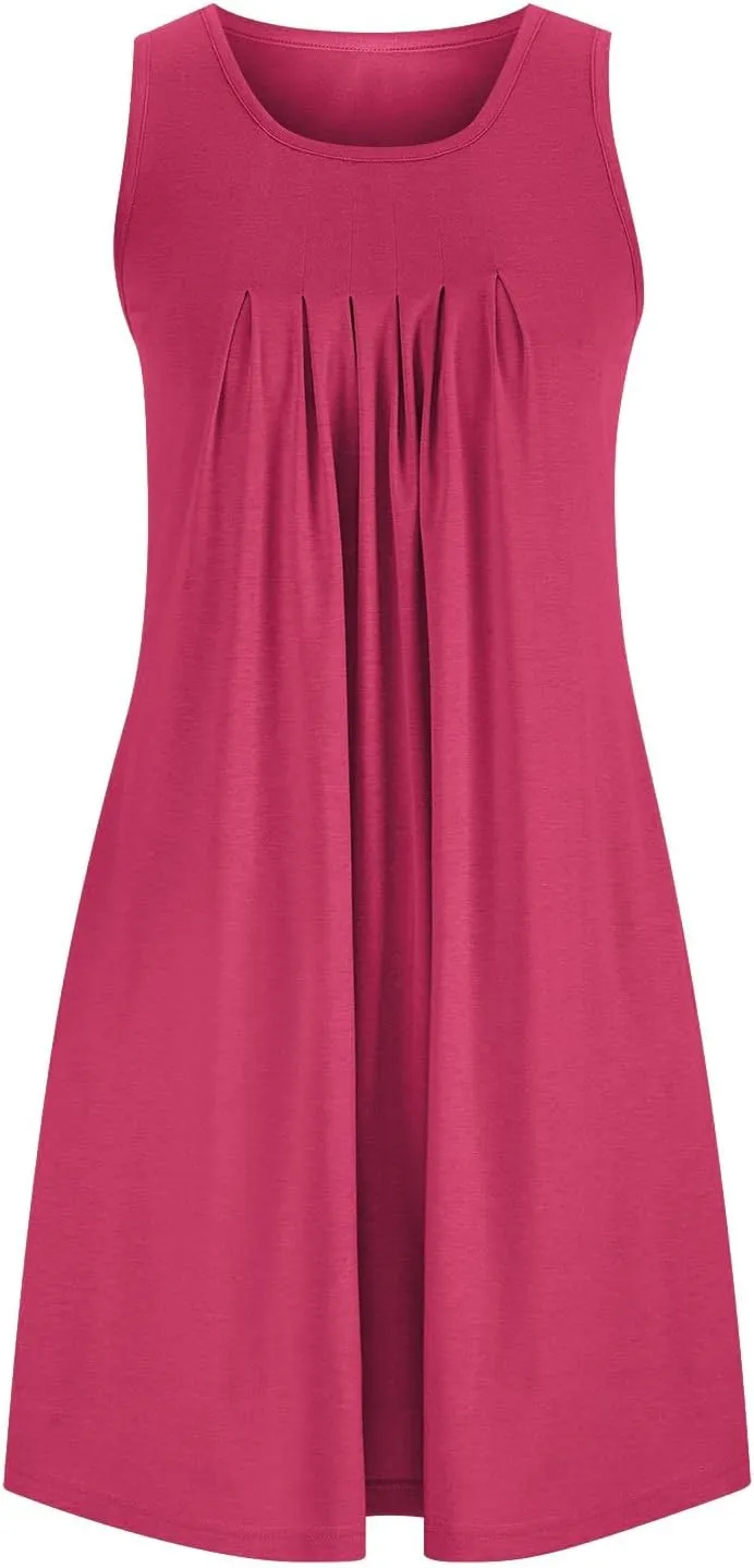 Womens Cotton Nightgown Soft Comfort Sleeveless Crewneck Pleated Front Sleepwear Loose Tunic Sundresses with Pockets