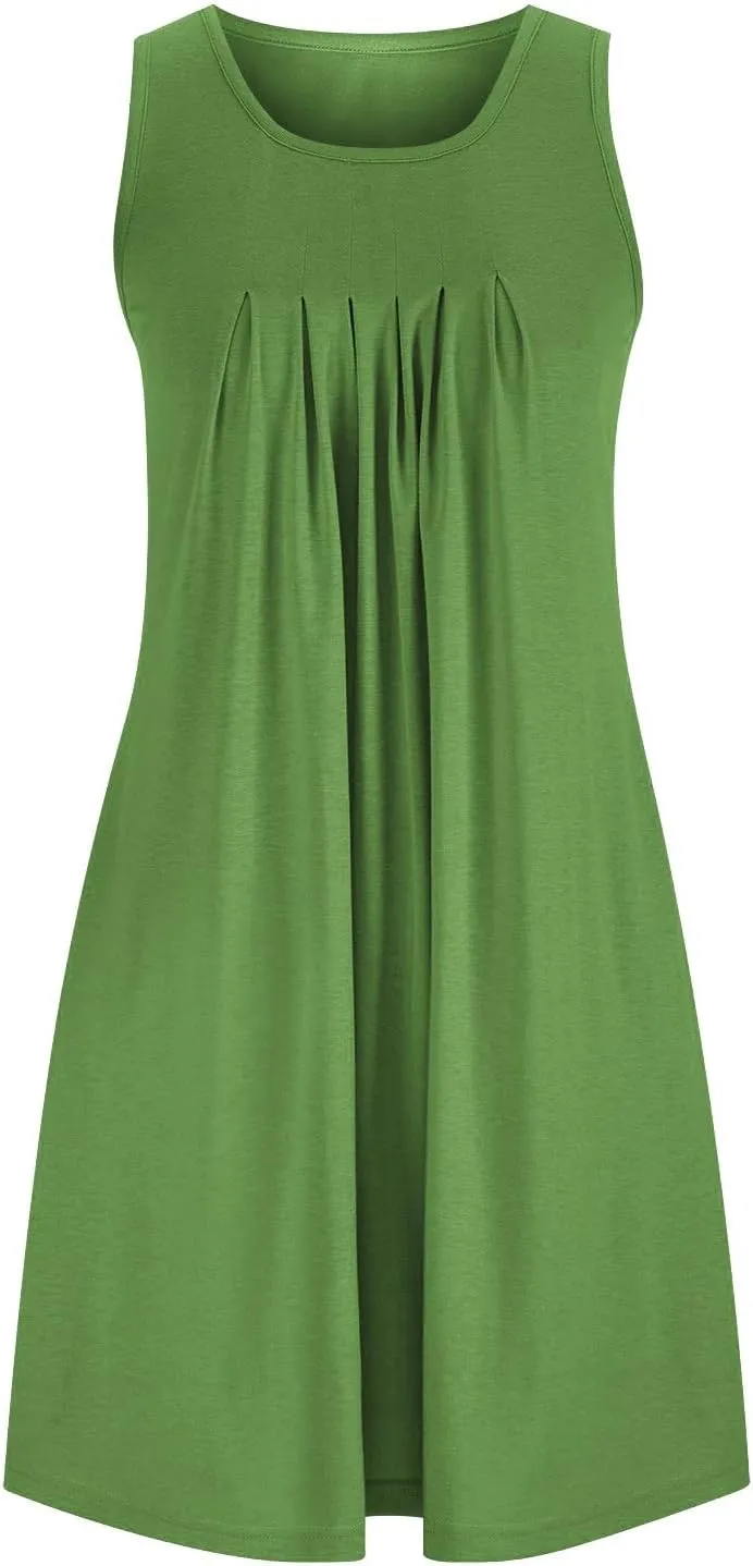 Womens Cotton Nightgown Soft Comfort Sleeveless Crewneck Pleated Front Sleepwear Loose Tunic Sundresses with Pockets