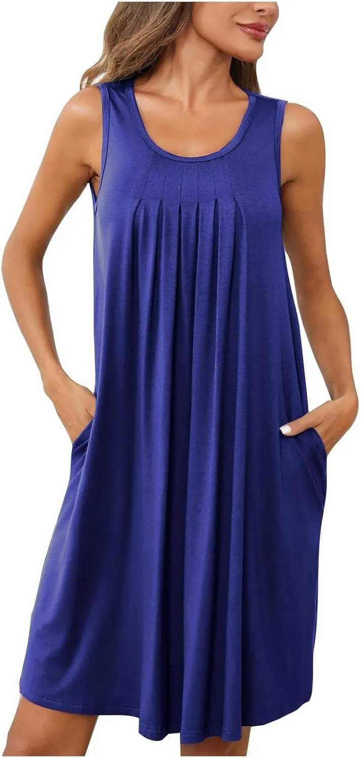 Womens Cotton Nightgown Soft Comfort Sleeveless Crewneck Pleated Front Sleepwear Loose Tunic Sundresses with Pockets