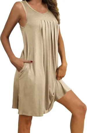 Womens Cotton Nightgown Soft Comfort Sleeveless Crewneck Pleated Front Sleepwear Loose Tunic Sundresses with Pockets