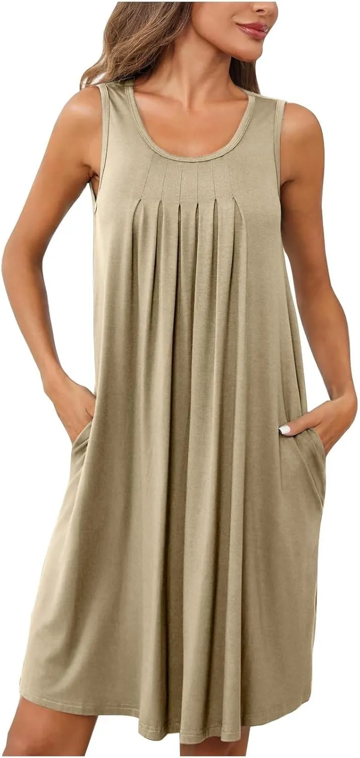 Womens Cotton Nightgown Soft Comfort Sleeveless Crewneck Pleated Front Sleepwear Loose Tunic Sundresses with Pockets