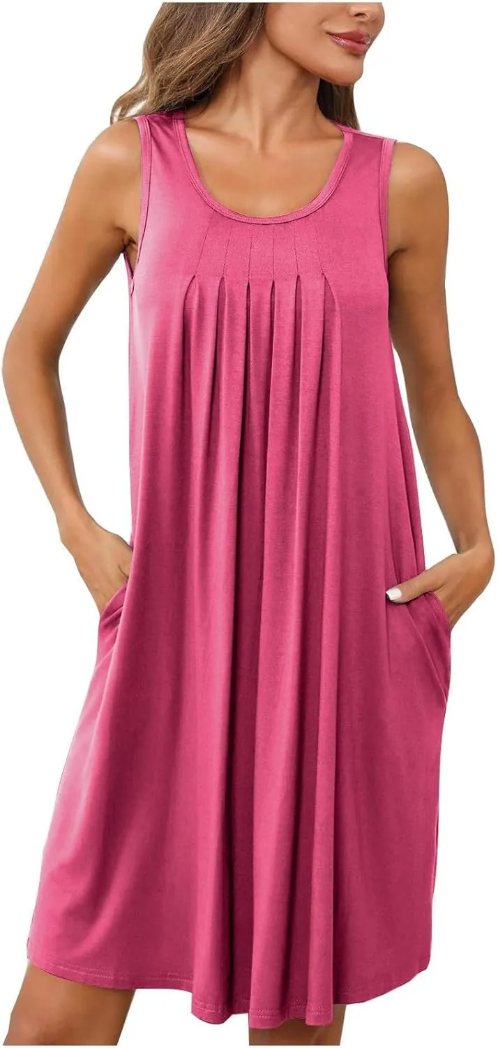 Womens Cotton Nightgown Soft Comfort Sleeveless Crewneck Pleated Front Sleepwear Loose Tunic Sundresses with Pockets