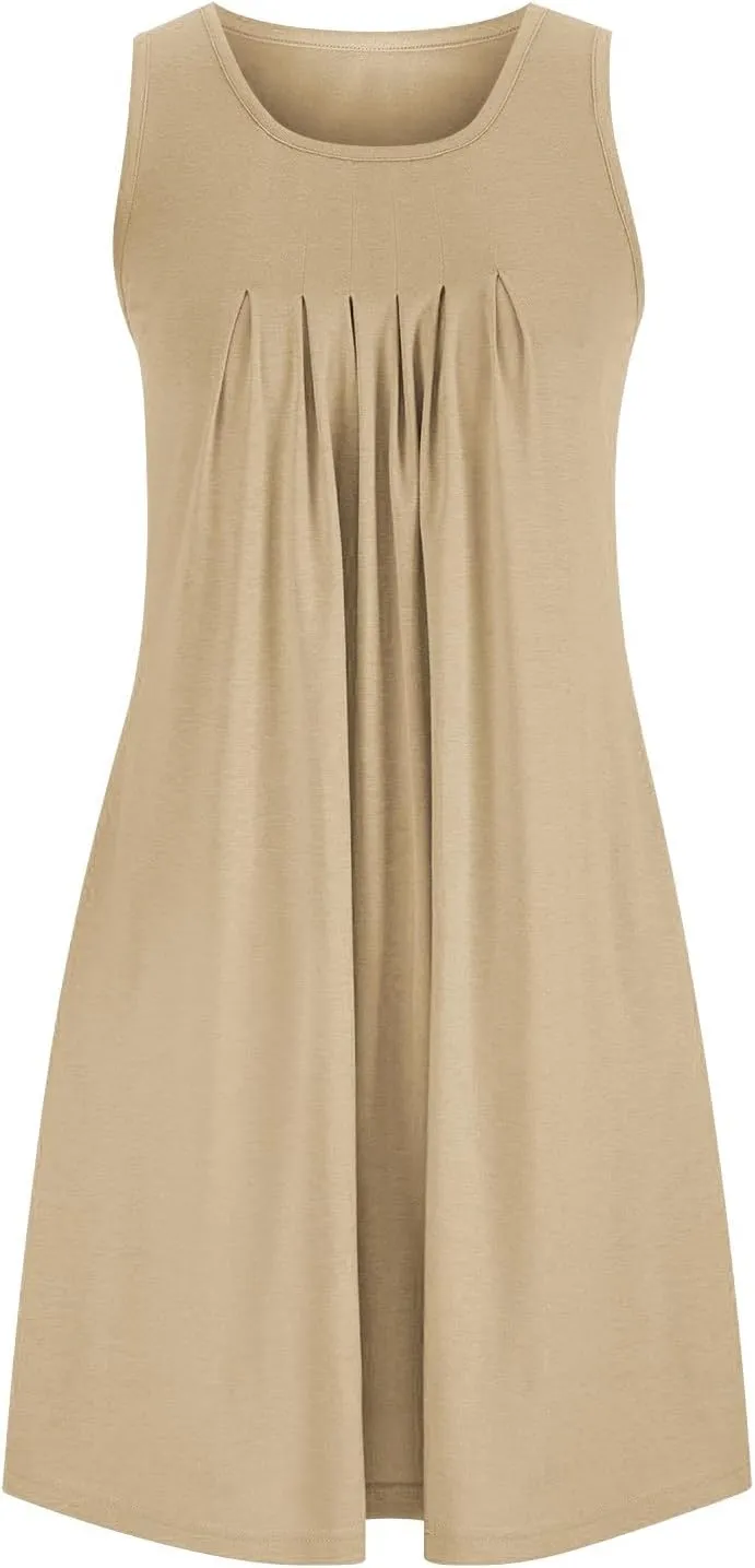 Womens Cotton Nightgown Soft Comfort Sleeveless Crewneck Pleated Front Sleepwear Loose Tunic Sundresses with Pockets
