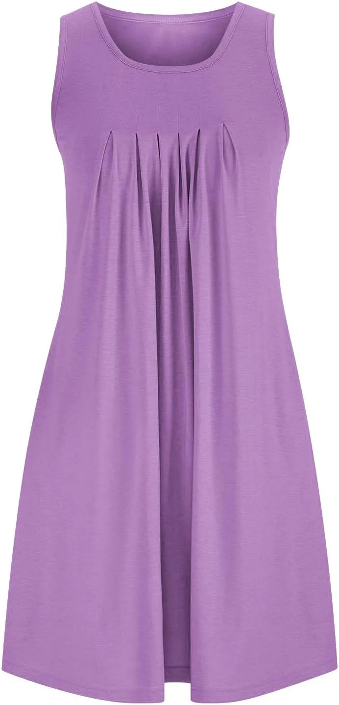 Womens Cotton Nightgown Soft Comfort Sleeveless Crewneck Pleated Front Sleepwear Loose Tunic Sundresses with Pockets