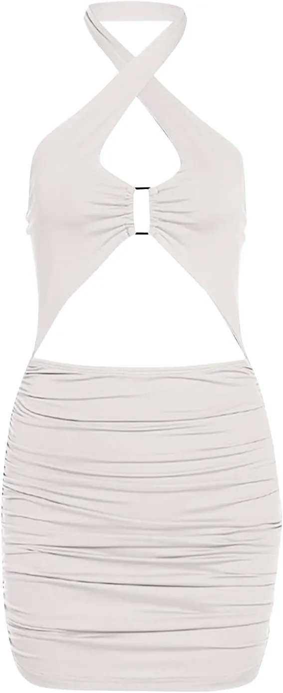 Women's Crisscross Cut Out Halter Lace Up Backless Mini Bodycon Dress Clubwear Sexy Elegant Summer Party Dresses