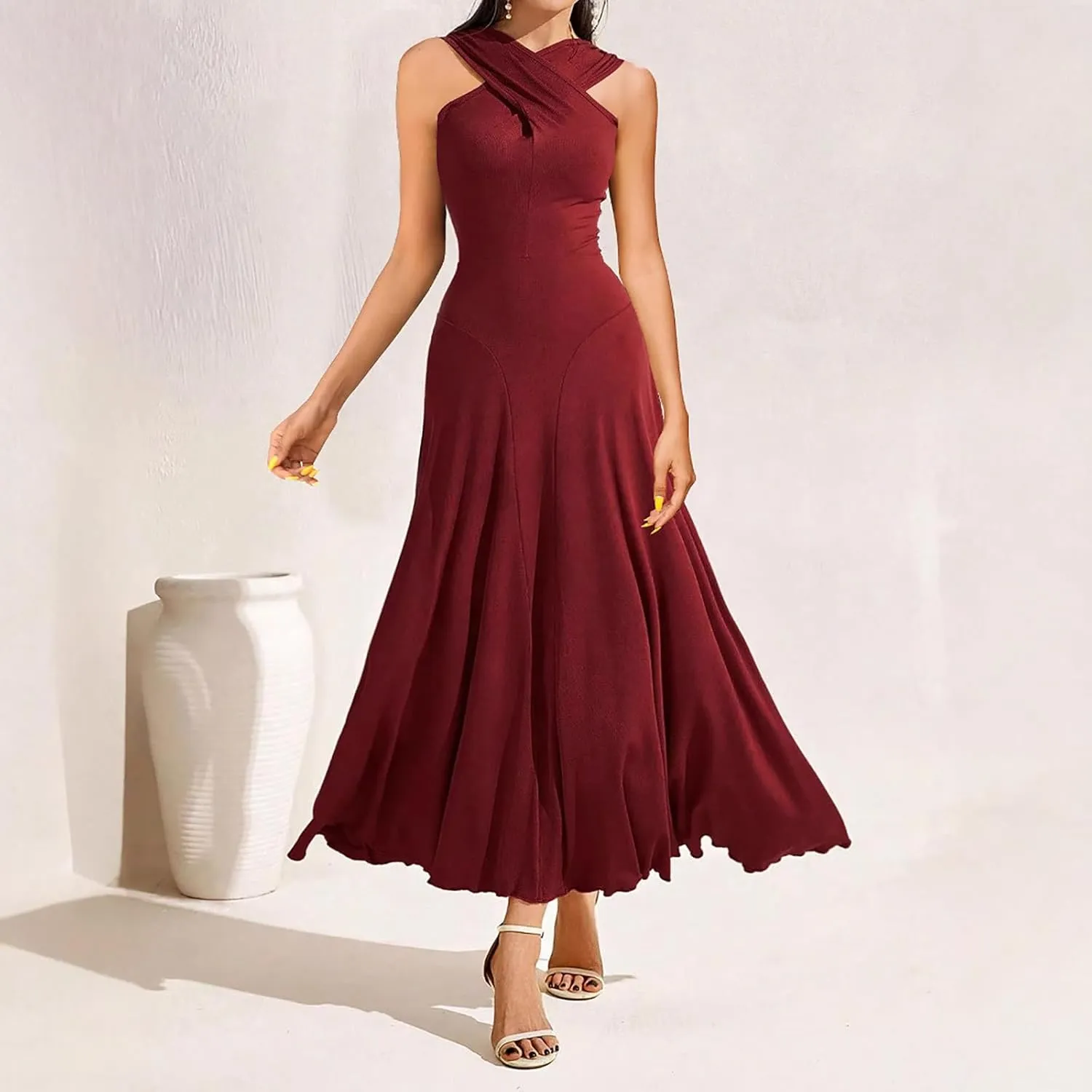 Women's Cross Hanging Neck Dress Solid Color Slim Waist Sexy Dresses Fishtail Ruched Flowy Elegant Evening Gowns