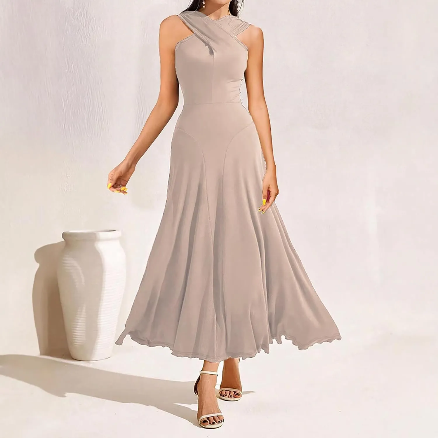 Women's Cross Hanging Neck Dress Solid Color Slim Waist Sexy Dresses Fishtail Ruched Flowy Elegant Evening Gowns