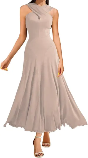 Women's Cross Hanging Neck Dress Solid Color Slim Waist Sexy Dresses Fishtail Ruched Flowy Elegant Evening Gowns