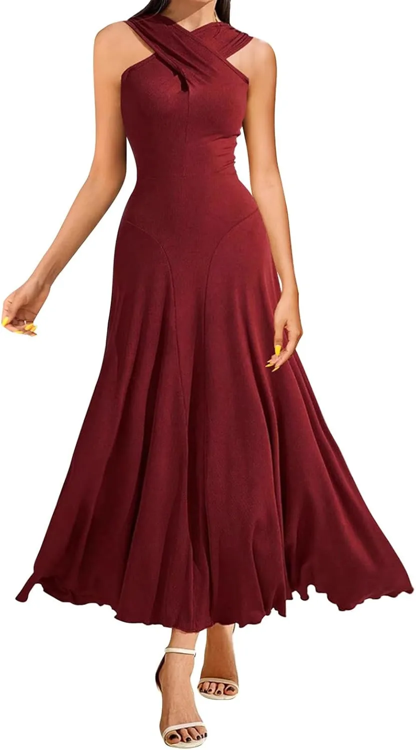Women's Cross Hanging Neck Dress Solid Color Slim Waist Sexy Dresses Fishtail Ruched Flowy Elegant Evening Gowns