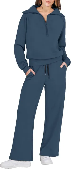 Womens Cute Pajama Sets Women Two Outfits Sweatsuit Set Quarter Zip Sweatshirt Wide Leg Sweatpant Fall Set Lounge