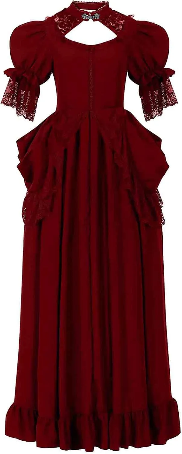 Women's Gothic Witch Dress Medieval Renaissance Costume Victorian Dresses Vintage Ruffle Puff Sleeve Performance Gown