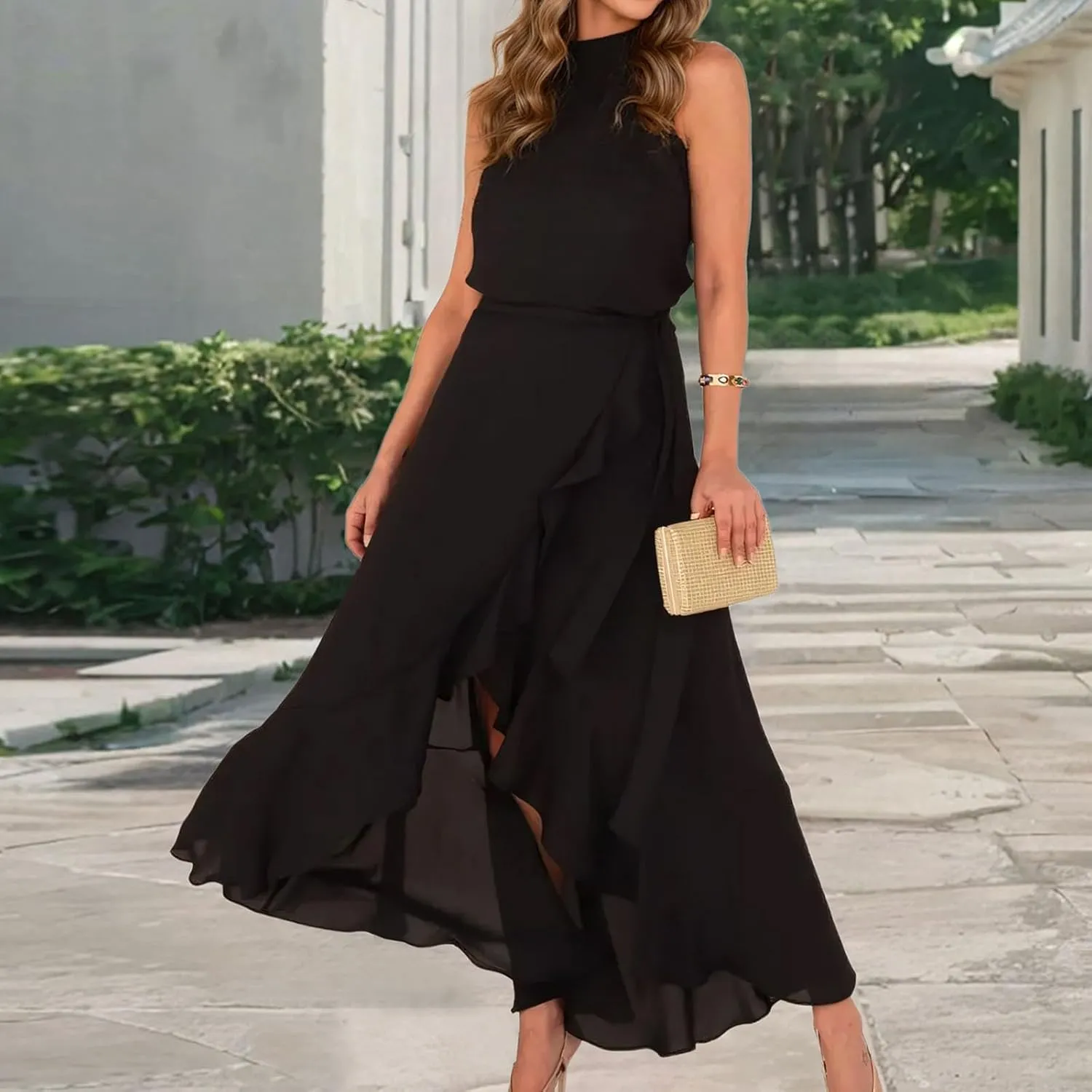 Women's High Neck Ruffle Hem Split Bodycon Mermaid Evening Cocktail Long Dress Summer Sleeveless Flowy Swing Dresses