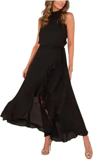 Women's High Neck Ruffle Hem Split Bodycon Mermaid Evening Cocktail Long Dress Summer Sleeveless Flowy Swing Dresses