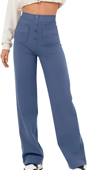 Womens High Waist Slim Fit Pants Button Cozy Straight Trousers Wide Leg Solid Long Pants Casual Pants with Pockets