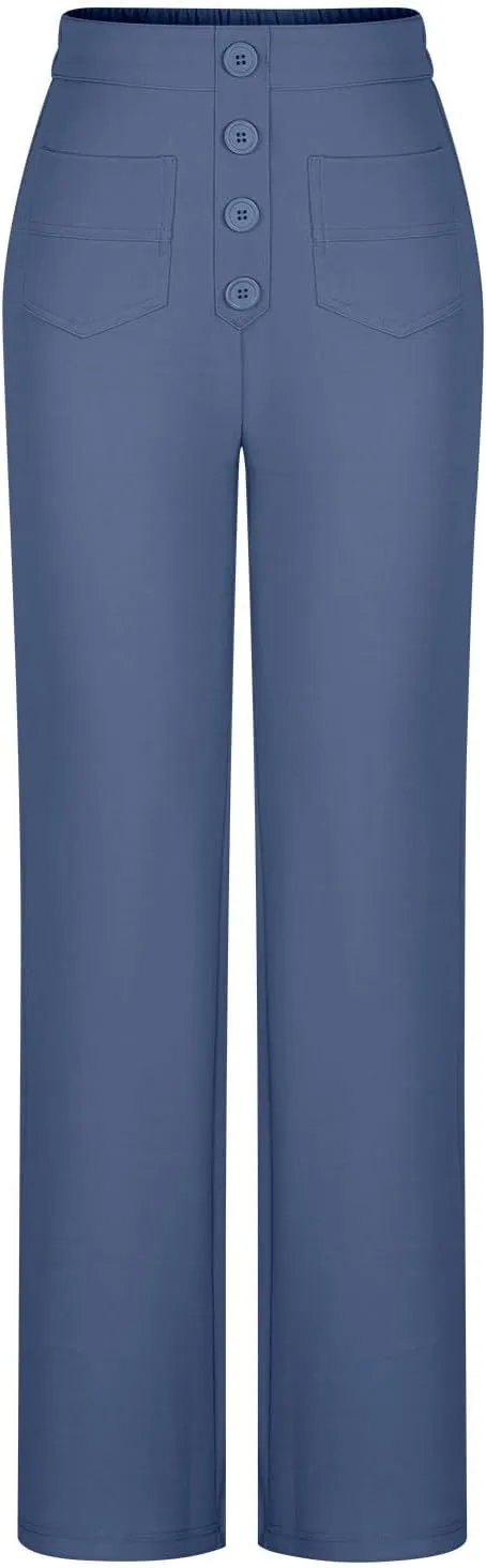 Womens High Waist Slim Fit Pants Button Cozy Straight Trousers Wide Leg Solid Long Pants Casual Pants with Pockets