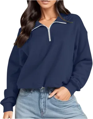 Women's Lapel Long Sleeve Sweatshirts Cropped Pullover Fleece Quarter Zipper Pullover Tops Fall Winter Outfits Clothes