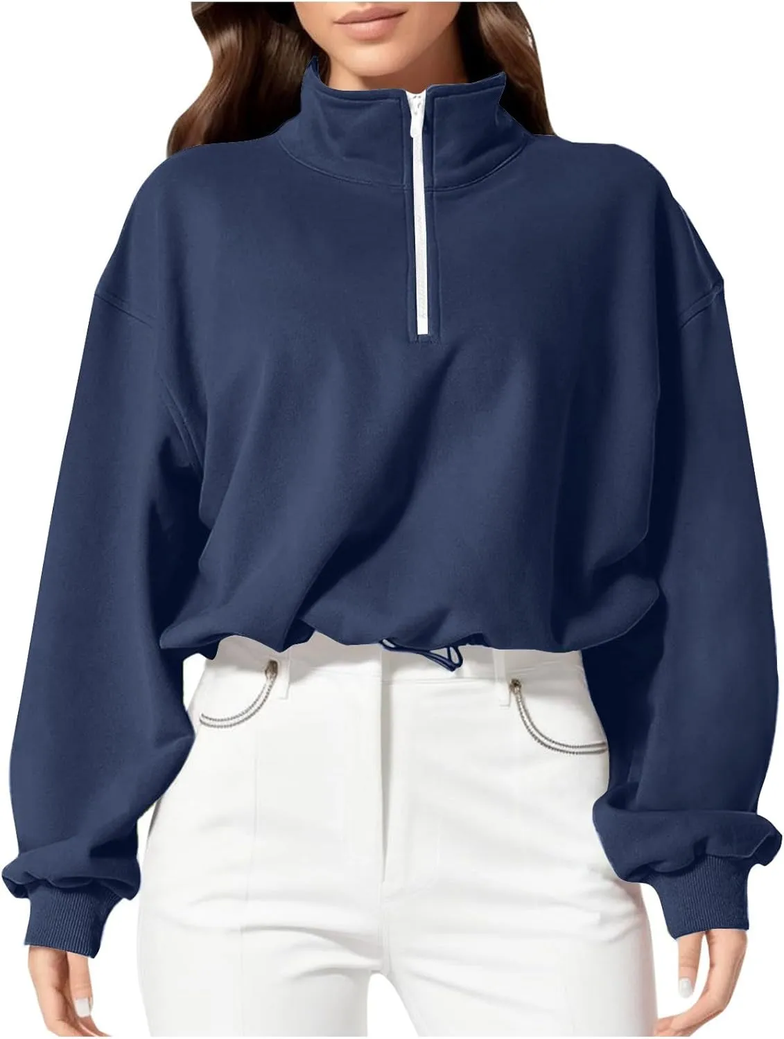 Women's Lapel Long Sleeve Sweatshirts Cropped Pullover Fleece Quarter Zipper Pullover Tops Fall Winter Outfits Clothes