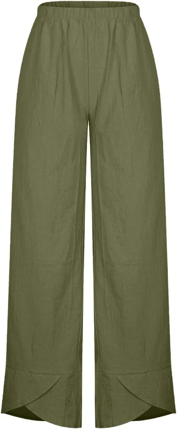 Women's Linen Capri Pants with Pockets Petite Summer Beachwear Lightweight Elastic Waist Pants Casual Tapered Trousers
