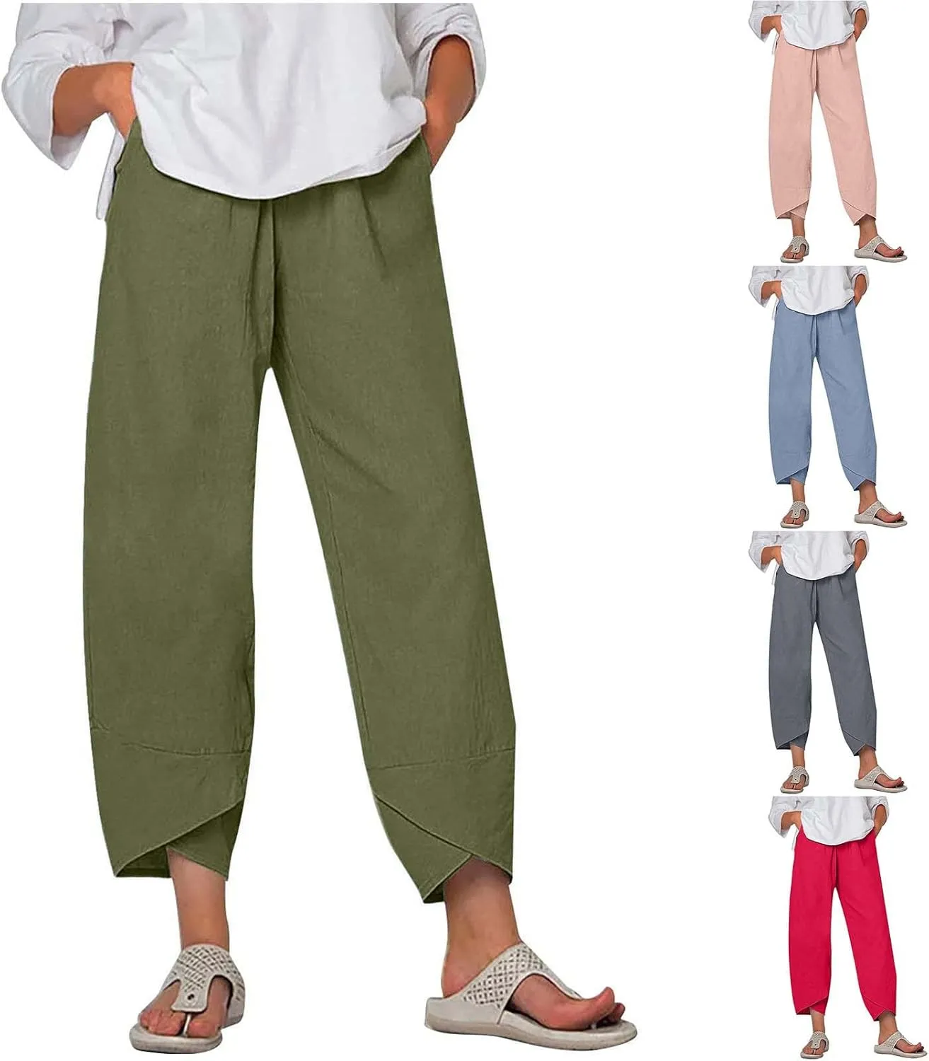 Women's Linen Capri Pants with Pockets Petite Summer Beachwear Lightweight Elastic Waist Pants Casual Tapered Trousers