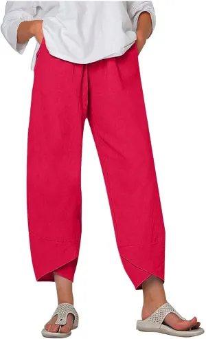 Women's Linen Capri Pants with Pockets Petite Summer Beachwear Lightweight Elastic Waist Pants Casual Tapered Trousers