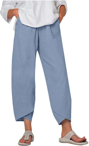 Women's Linen Capri Pants with Pockets Petite Summer Beachwear Lightweight Elastic Waist Pants Casual Tapered Trousers
