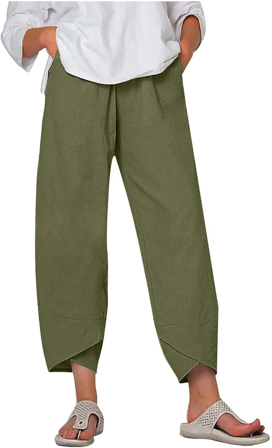 Women's Linen Capri Pants with Pockets Petite Summer Beachwear Lightweight Elastic Waist Pants Casual Tapered Trousers