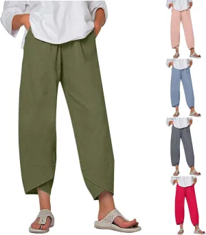 Women's Linen Capri Pants with Pockets Petite Summer Beachwear Lightweight Elastic Waist Pants Casual Tapered Trousers