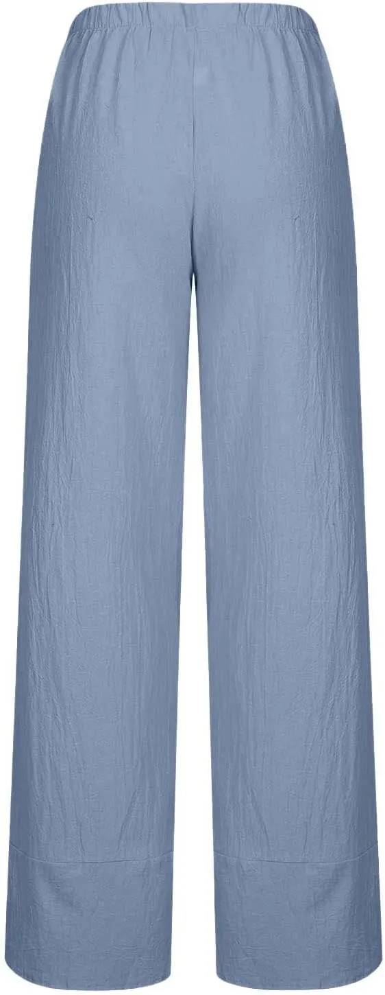 Women's Linen Capri Pants with Pockets Petite Summer Beachwear Lightweight Elastic Waist Pants Casual Tapered Trousers
