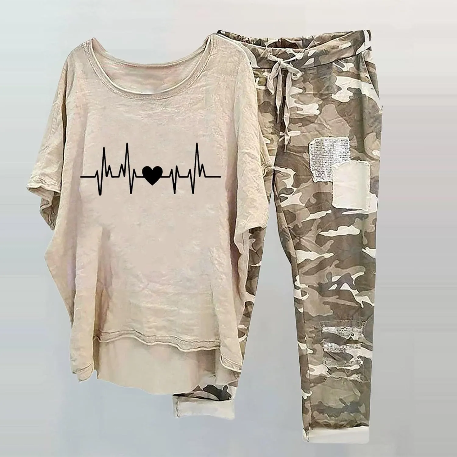 Women's Linen Outfits Casual Short Sleeve T Shirts Camo Capris Pants 2 Piece Set Comfy Printed Summer Suits Plus Size