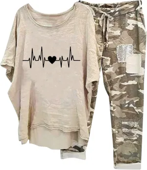Women's Linen Outfits Casual Short Sleeve T Shirts Camo Capris Pants 2 Piece Set Comfy Printed Summer Suits Plus Size