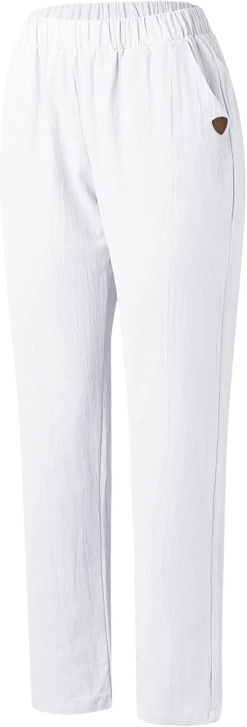 Womens Linen Pants Elastic High Waisted Straight Leg Palazzo Pants with Pockets Solid Comfy Baggy Jogger Trousers
