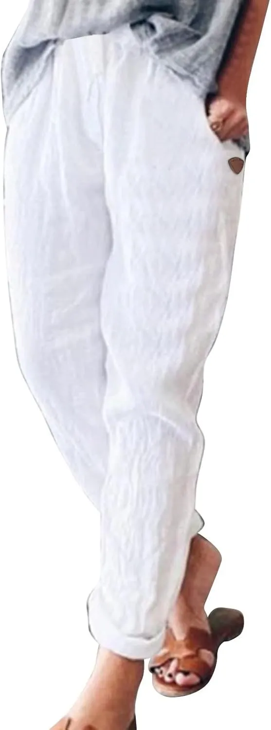 Womens Linen Pants Elastic High Waisted Straight Leg Palazzo Pants with Pockets Solid Comfy Baggy Jogger Trousers