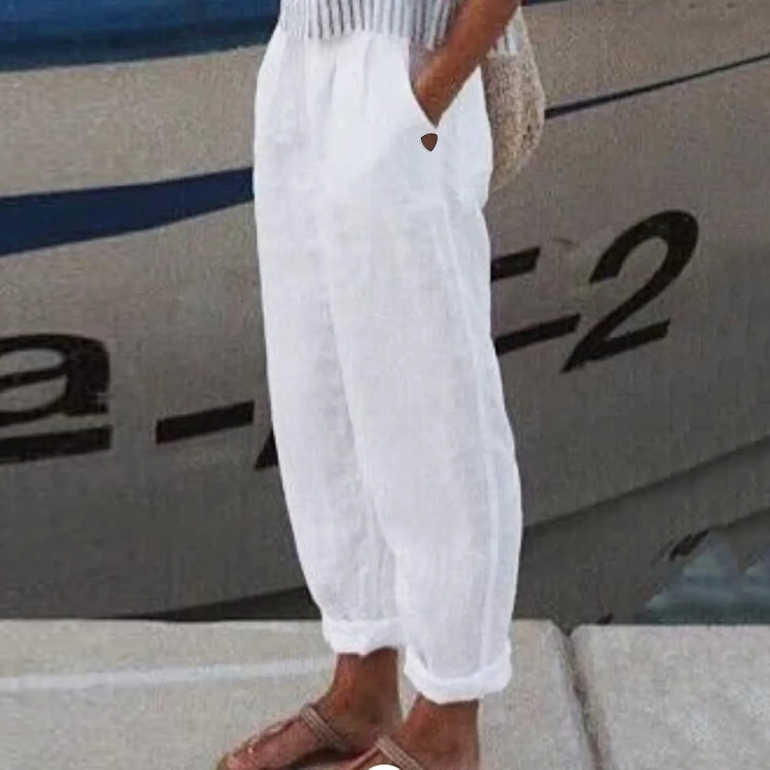 Womens Linen Pants Elastic High Waisted Straight Leg Palazzo Pants with Pockets Solid Comfy Baggy Jogger Trousers