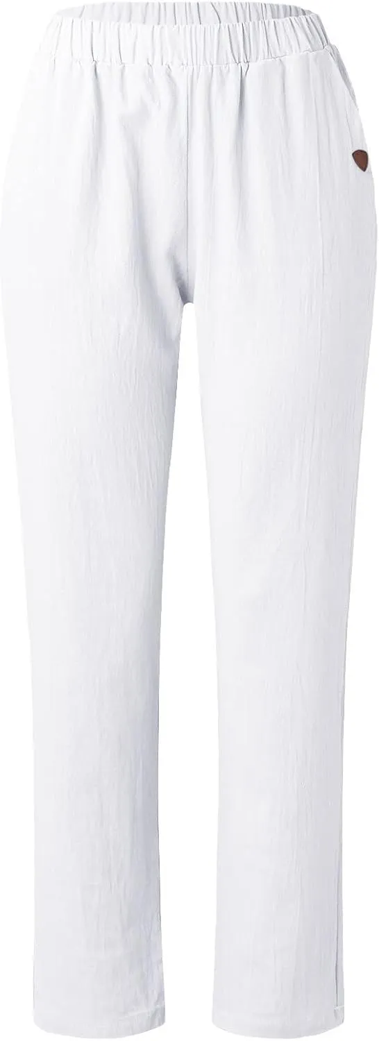 Womens Linen Pants Elastic High Waisted Straight Leg Palazzo Pants with Pockets Solid Comfy Baggy Jogger Trousers