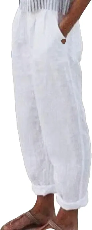 Womens Linen Pants Elastic High Waisted Straight Leg Palazzo Pants with Pockets Solid Comfy Baggy Jogger Trousers