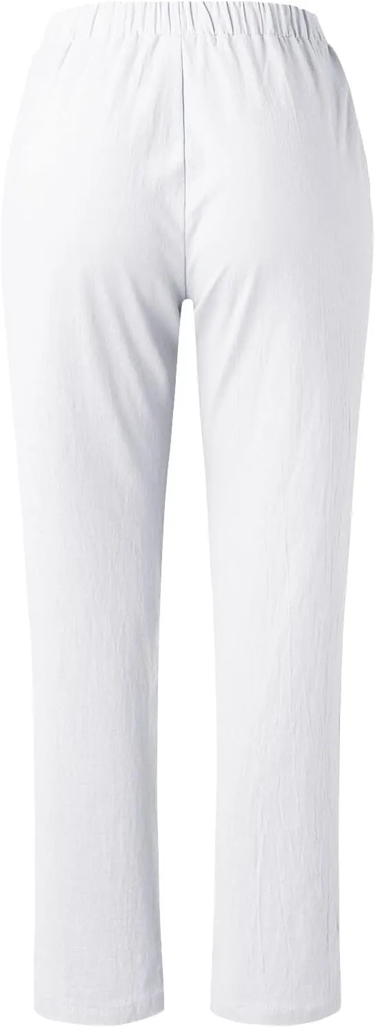 Womens Linen Pants Elastic High Waisted Straight Leg Palazzo Pants with Pockets Solid Comfy Baggy Jogger Trousers