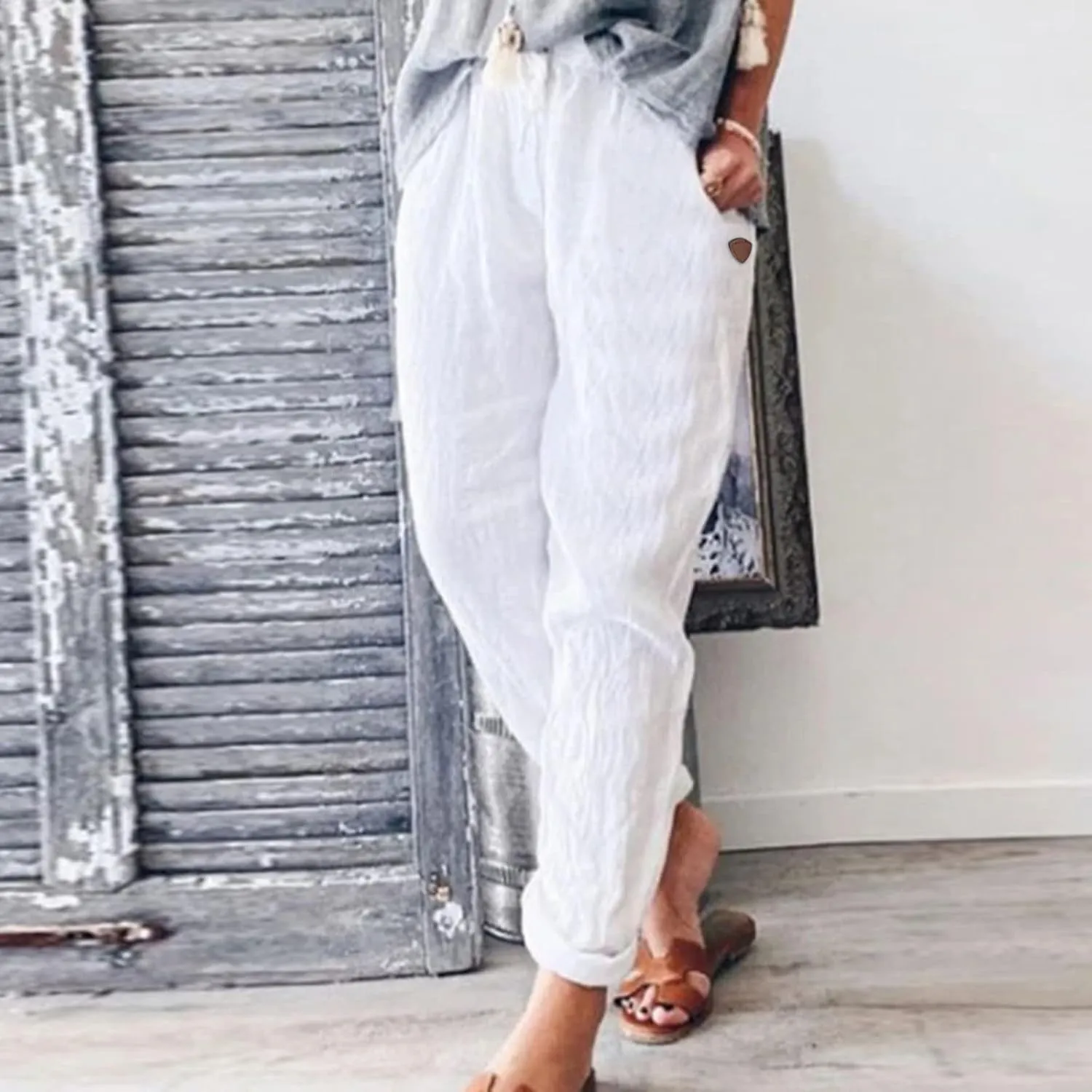 Womens Linen Pants Elastic High Waisted Straight Leg Palazzo Pants with Pockets Solid Comfy Baggy Jogger Trousers