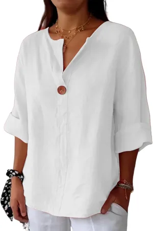 Women's Linen Shirt Casual Button V Neck Long Sleeve Shirts Breathable Lightweight Summer T Shirts Solid Blouses Tops