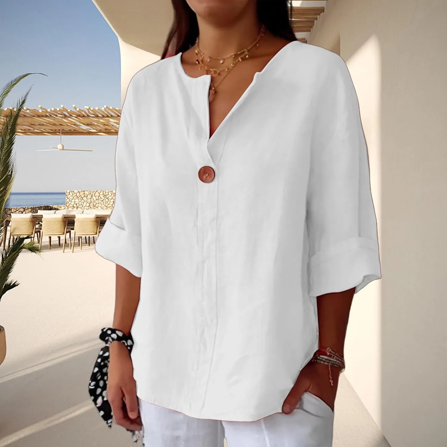 Women's Linen Shirt Casual Button V Neck Long Sleeve Shirts Breathable Lightweight Summer T Shirts Solid Blouses Tops