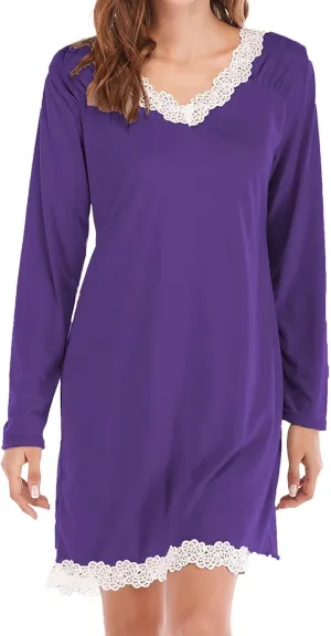 Womens Long Sleeve Nightgowns Soft V Neck Sleepshirts Solid Color Sexy Lace Trim Nightshirts Casual T-Shirt Sleep Dress