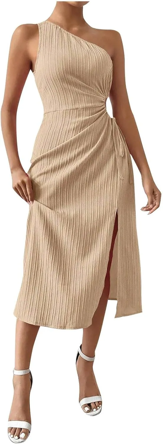 Women's One Shoulder Sleeveless Dress Twist Cut Out Split Thigh Midi Dresses Sexy Bodycon Ruched Cocktail Party Dress