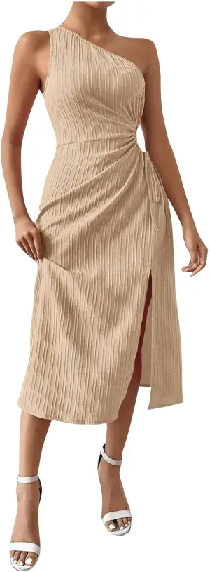 Women's One Shoulder Sleeveless Dress Twist Cut Out Split Thigh Midi Dresses Sexy Bodycon Ruched Cocktail Party Dress