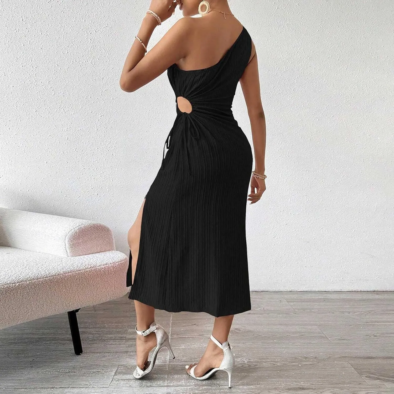 Women's One Shoulder Sleeveless Dress Twist Cut Out Split Thigh Midi Dresses Sexy Bodycon Ruched Cocktail Party Dress