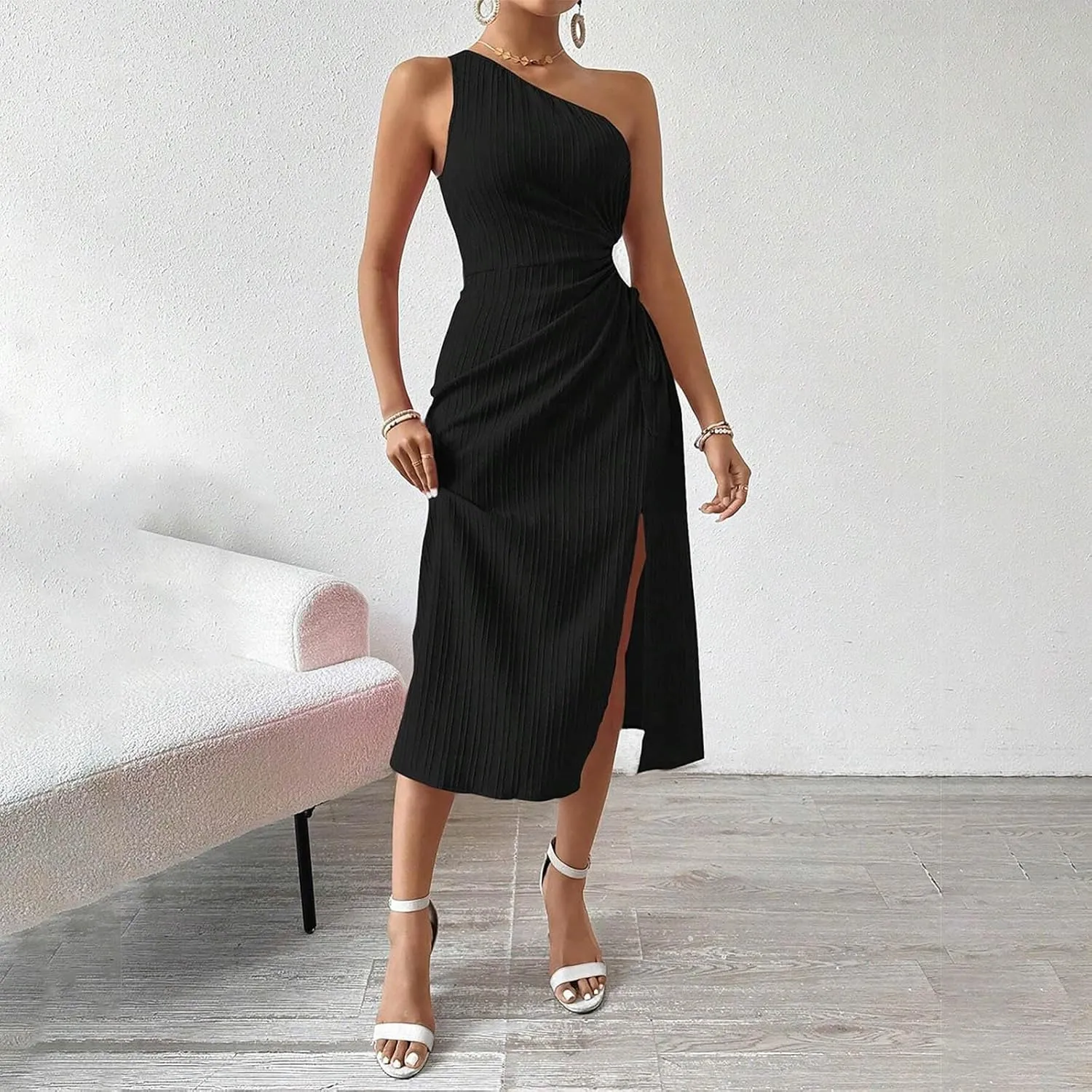 Women's One Shoulder Sleeveless Dress Twist Cut Out Split Thigh Midi Dresses Sexy Bodycon Ruched Cocktail Party Dress
