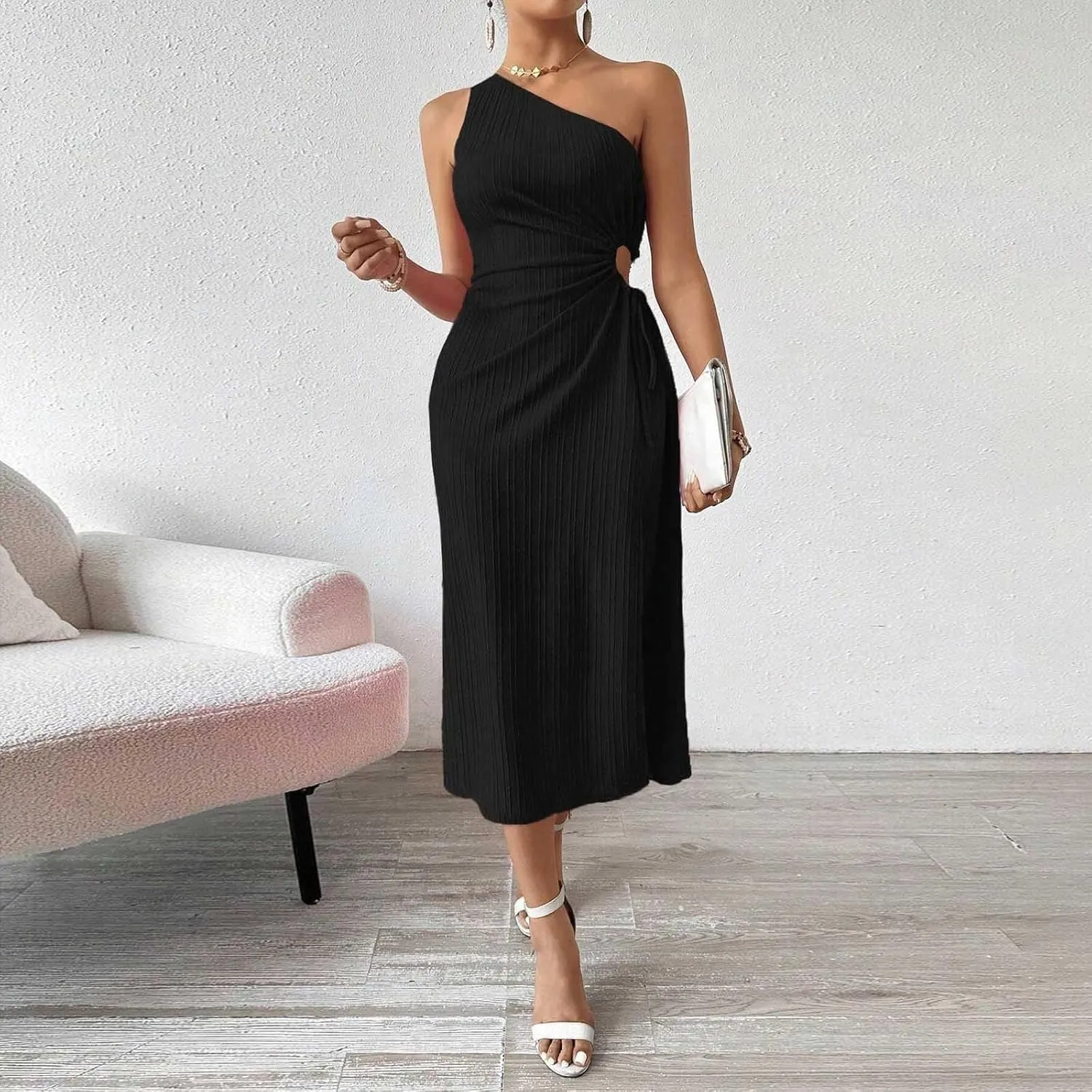 Women's One Shoulder Sleeveless Dress Twist Cut Out Split Thigh Midi Dresses Sexy Bodycon Ruched Cocktail Party Dress