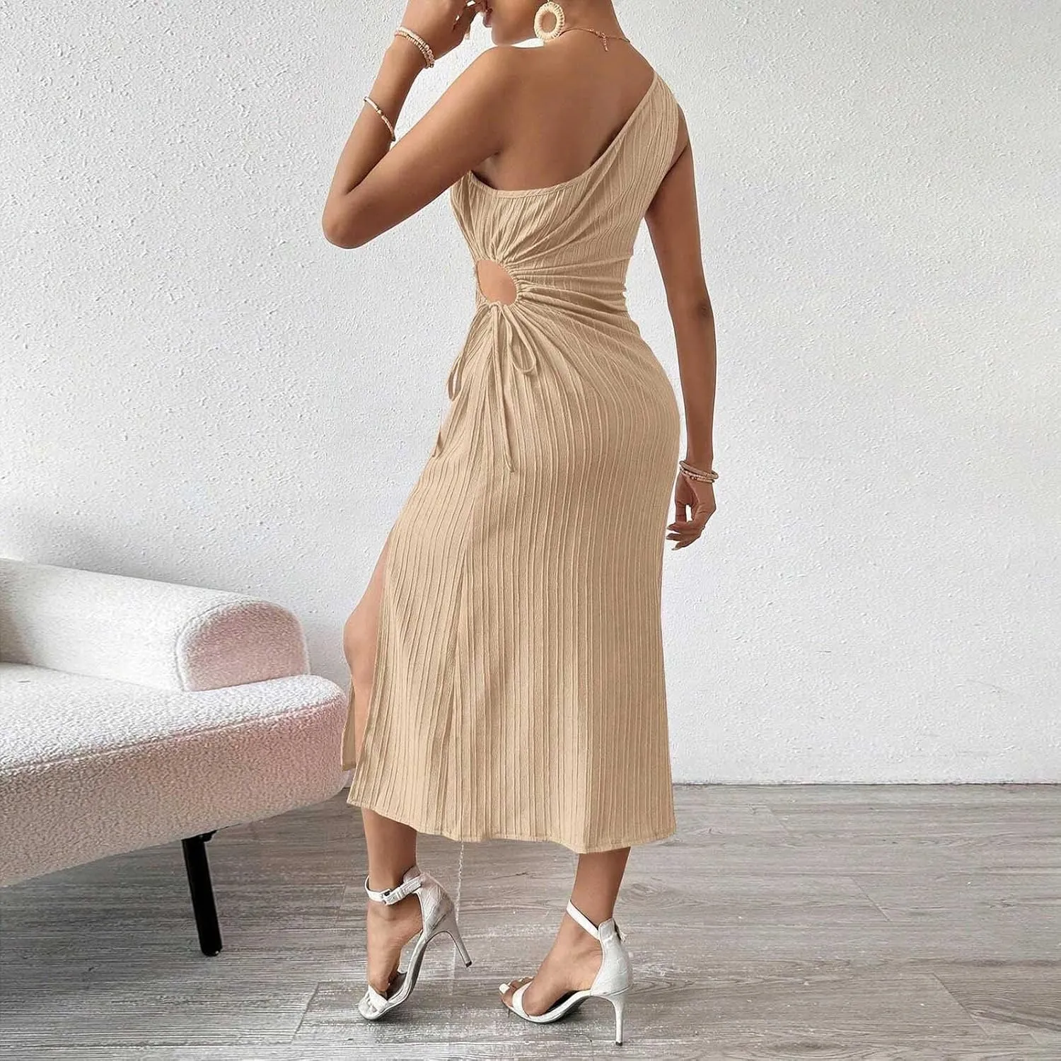 Women's One Shoulder Sleeveless Dress Twist Cut Out Split Thigh Midi Dresses Sexy Bodycon Ruched Cocktail Party Dress