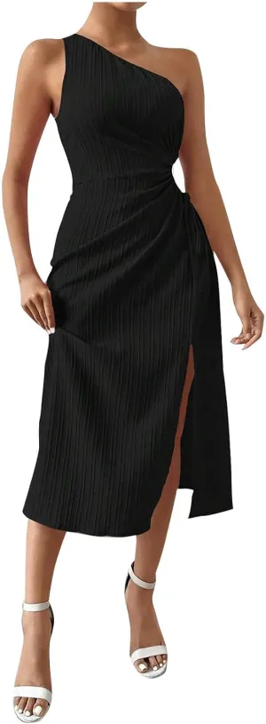Women's One Shoulder Sleeveless Dress Twist Cut Out Split Thigh Midi Dresses Sexy Bodycon Ruched Cocktail Party Dress