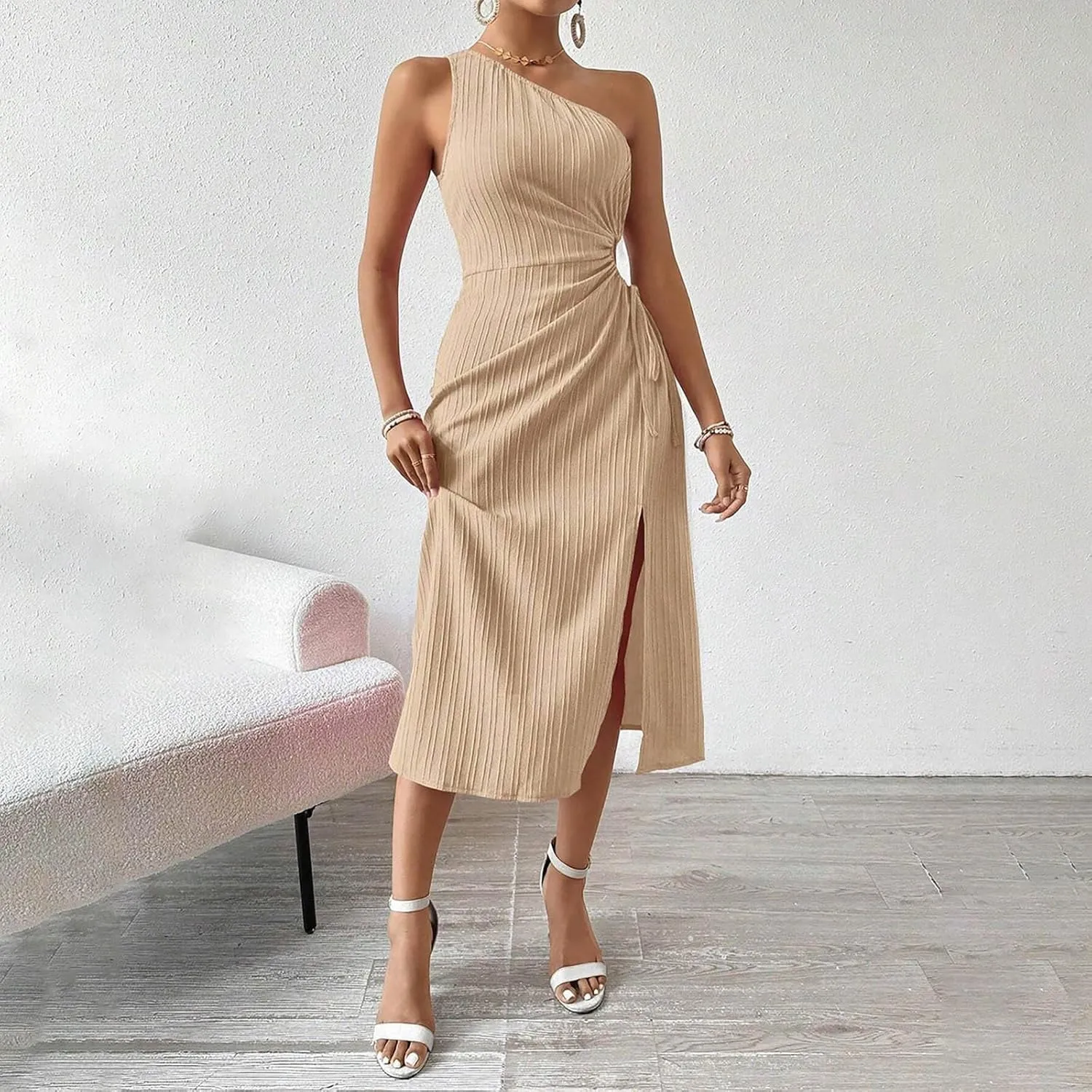 Women's One Shoulder Sleeveless Dress Twist Cut Out Split Thigh Midi Dresses Sexy Bodycon Ruched Cocktail Party Dress