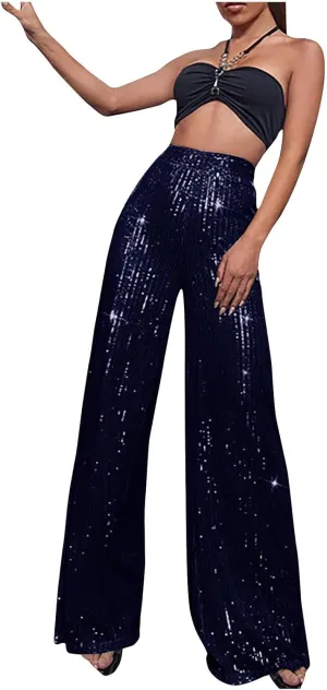 Women's Pants High Waist Elastic Sparkly Straight Leg Long Pant 2025 Summer Fashion Sequin Party Pants