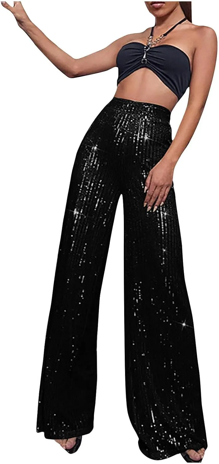 Women's Pants High Waist Elastic Sparkly Straight Leg Long Pant 2025 Summer Fashion Sequin Party Pants